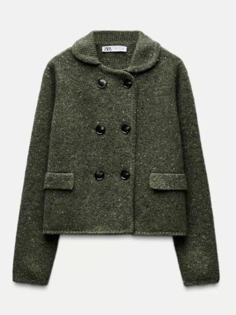 Zara Double-Breasted Wool Blend Jacket Sweater in Green - Large